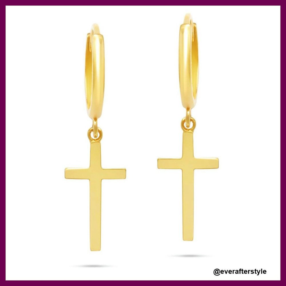 10k Gold Huggie Hoop Earrings Dangle Cross Minimalist Chic Unisex